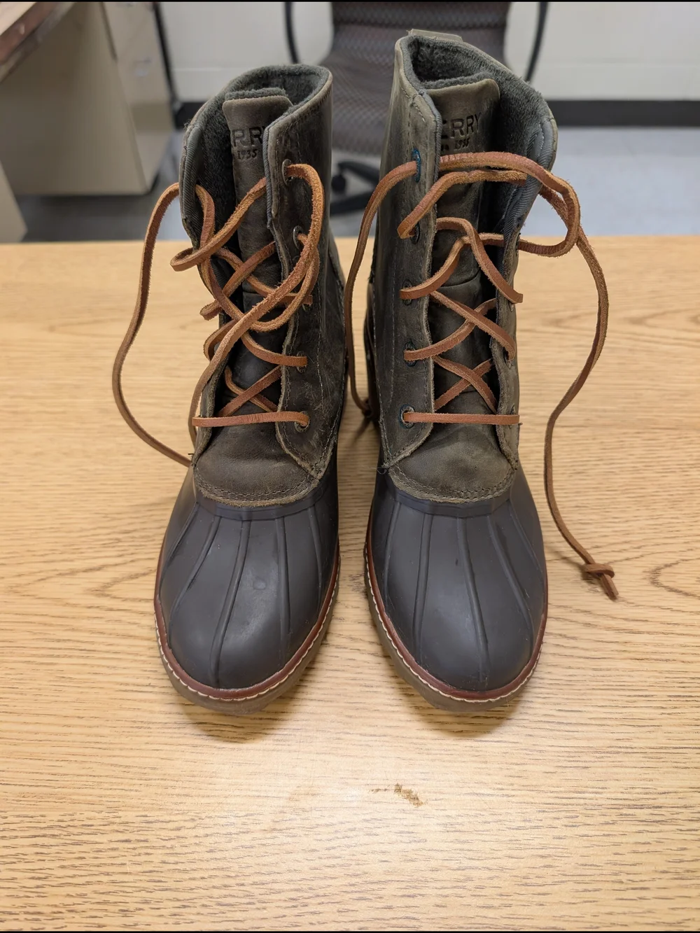 Sperry Olive Green and Brown Waterproof Lace-Up Duck Boots